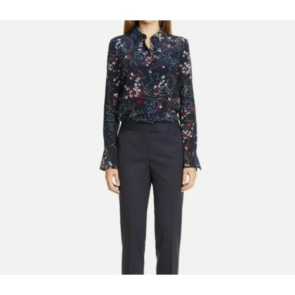 Lafayette 148 Scottie Ink Navy Floral Size Small 100% Silk Button Front Classic